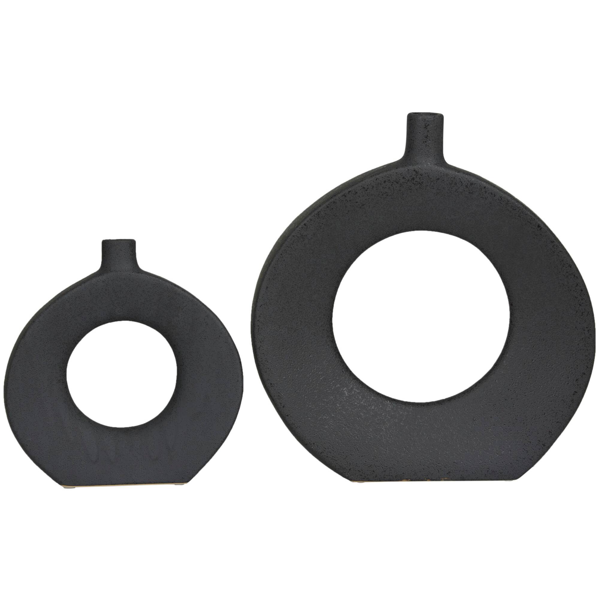 CosmoLiving by Cosmopolitan Black Ceramic Round Donut Shaped Vase Set of 2 15", 10"